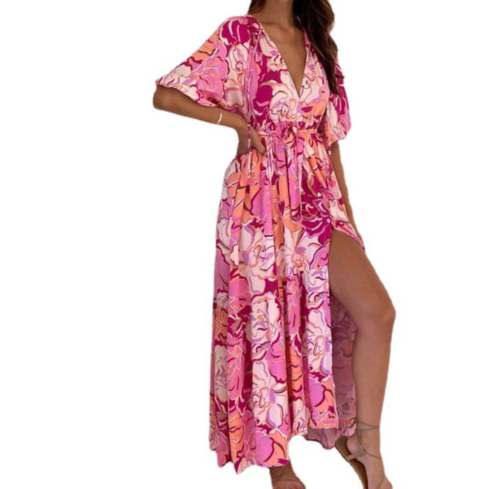 New Summer Printed Long Dress Loose V-Neck Split Holiday Dresses Women