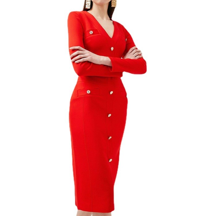 Temperament solid colour long sleeve V-neck professional dress