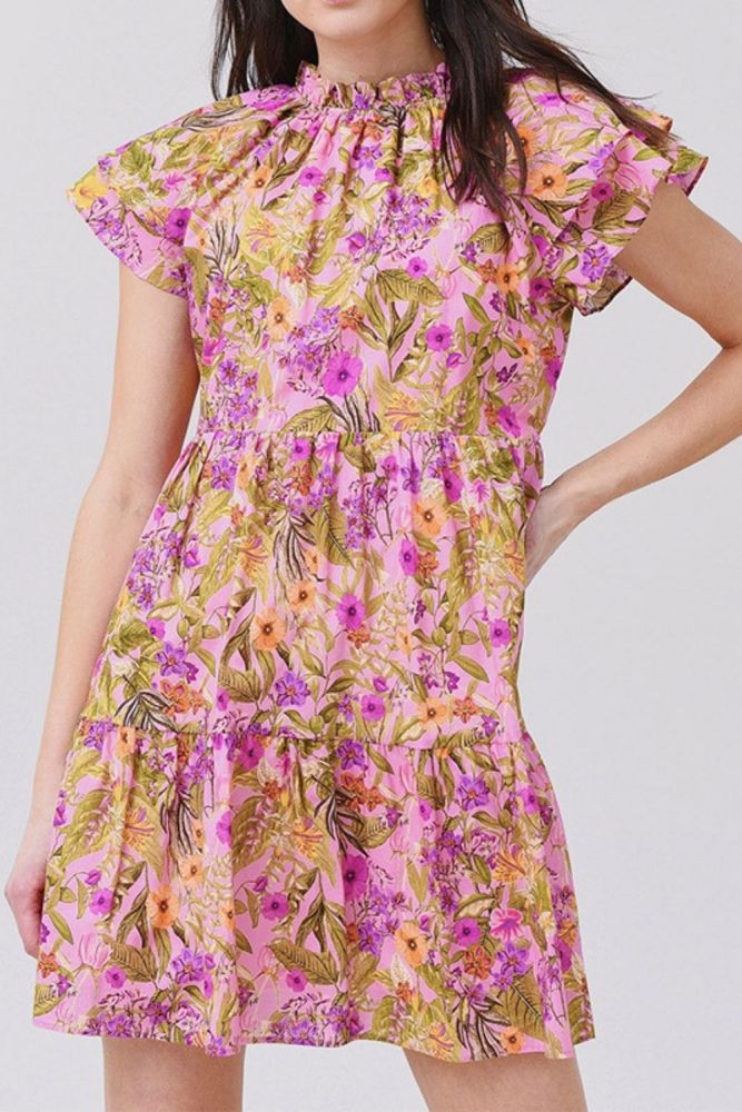 Summer new ruffle short-sleeved printed short casual sweet dresses women