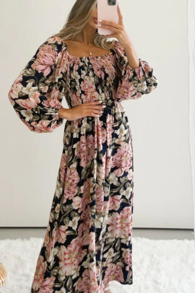 New Floral Dress Long Sleeve Round Neck Printed Long Dress
