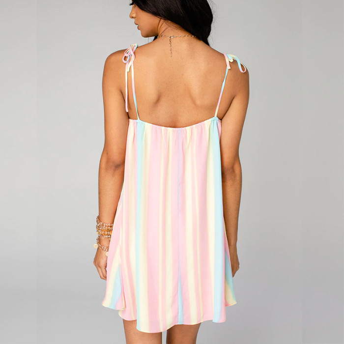 Summer sexy backless halter striped short dress for women