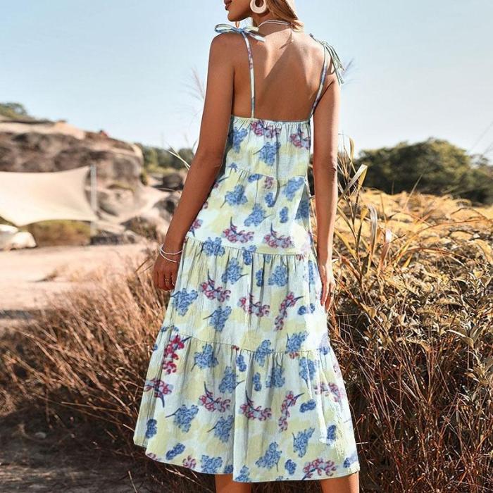 Sexy floral halter dress 2022 summer new slim print long dress women