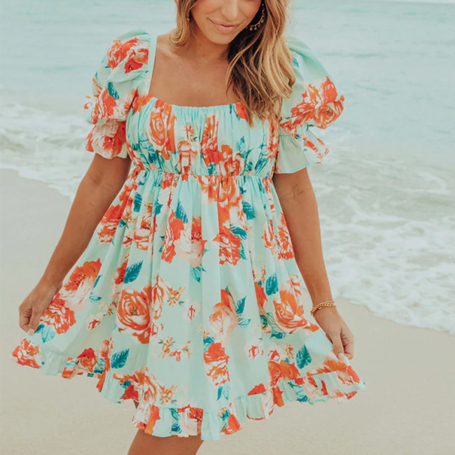 Summer New Women's Printed Bubble Sleeve Dress