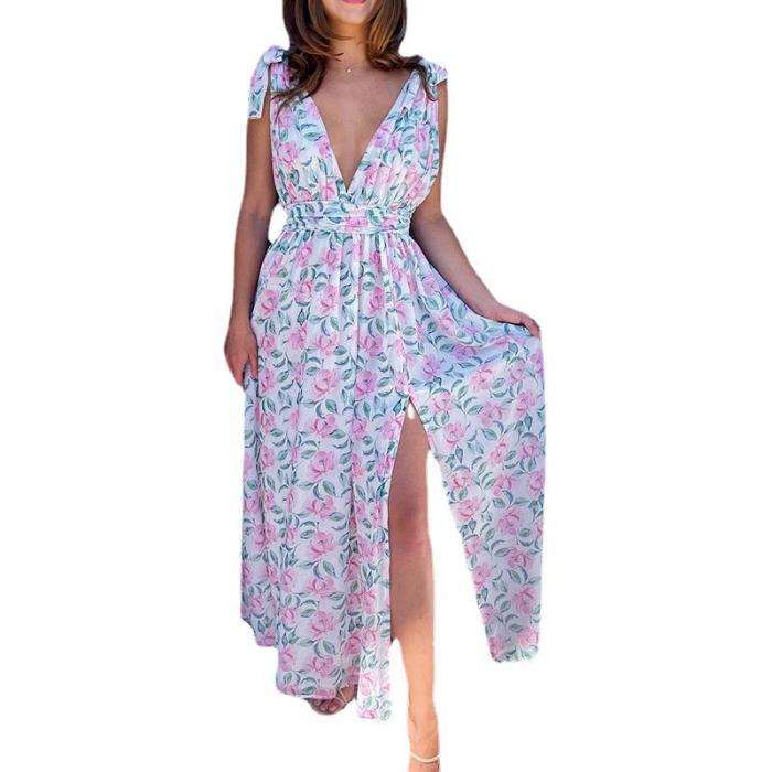 Summer new women's fashion sweet print slit V-neck halter dress