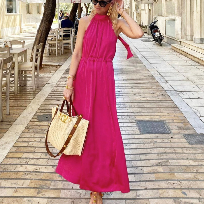 New casual resort style summer solid colour long dress women