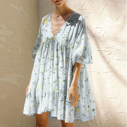 New Bubble Sleeve Printed Short Dress Floral Dress