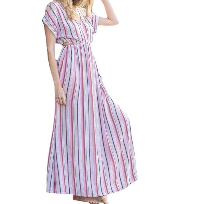 Summer new temperament striped open long dress