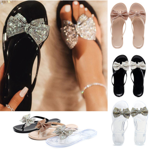 Summer new clip feet bow knot glittering diamond sandals women's word flip-flops