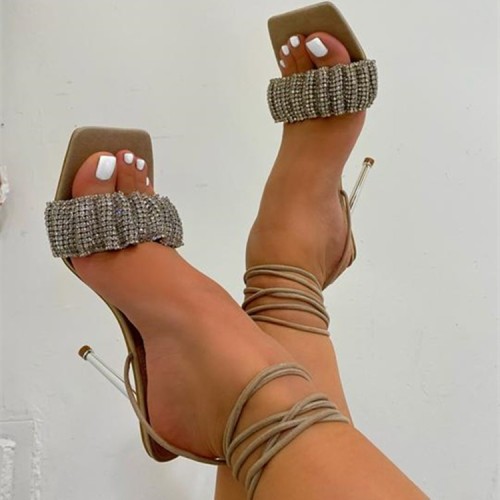 Summer new fine high heeled bright diamond square toe fashion sandals