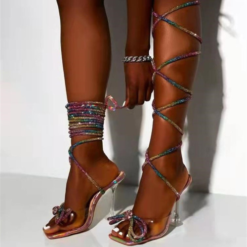 Sexy rhinestone fine heeled high heels female new fashion bow square head sandals