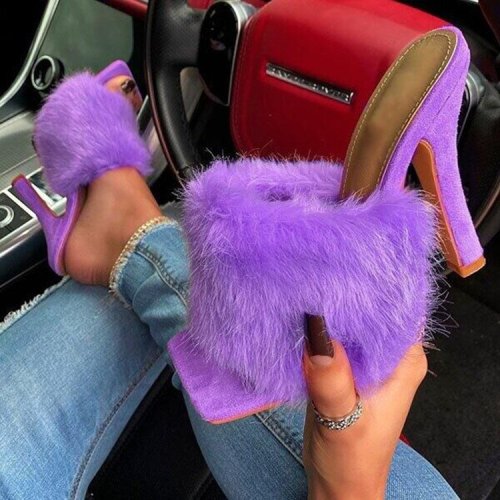 New thick heeled high heeled hairy slippers female