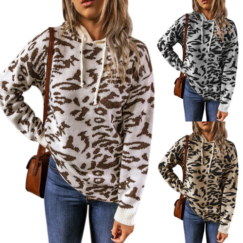 Knitwear leopard print hooded jumper jumper jacket women