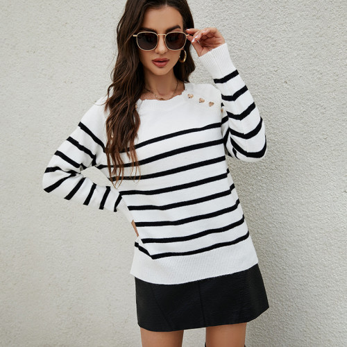 Knitted Round Neck Loose Striped Shoulder Button Sweater Women