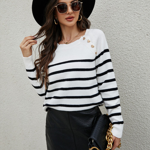Knitted Round Neck Loose Striped Shoulder Button Sweater Women