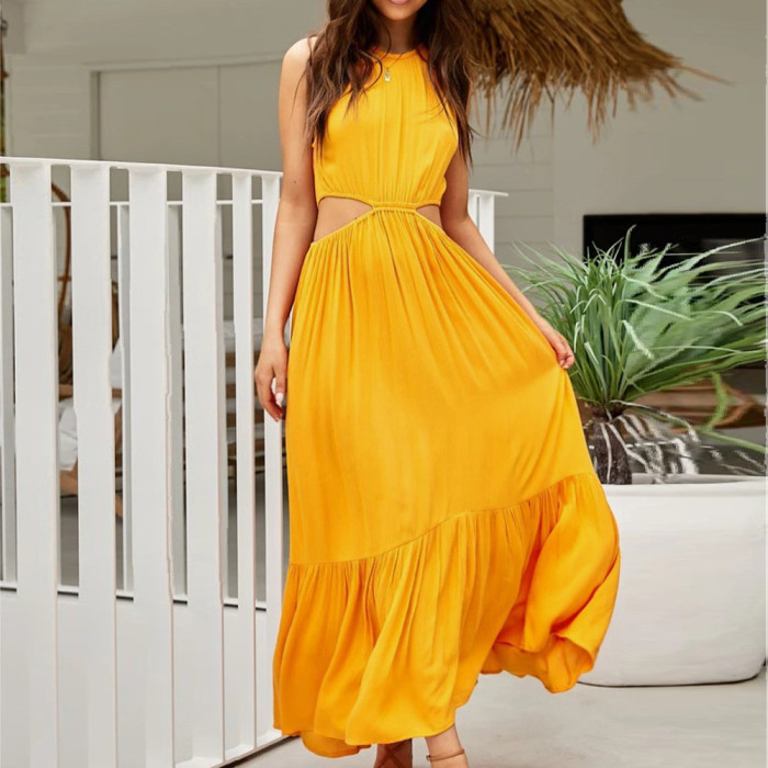 Casual round neck slim fit halter sexy waistless solid colour maxi dress