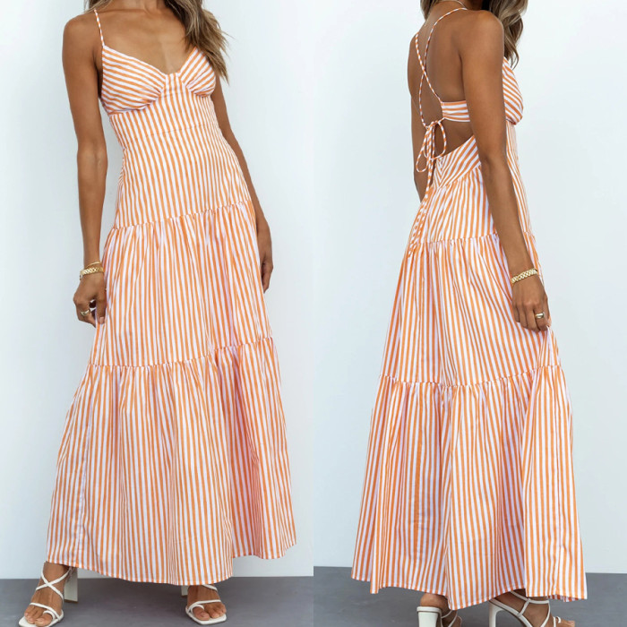 Loose Fitted Striped Strappy Zip Halter Dress Women's Dress