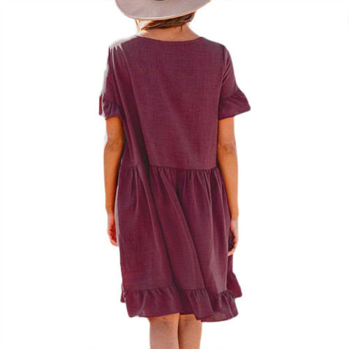 Casual retro solid colour square neck short sleeve ruffle skirt dress