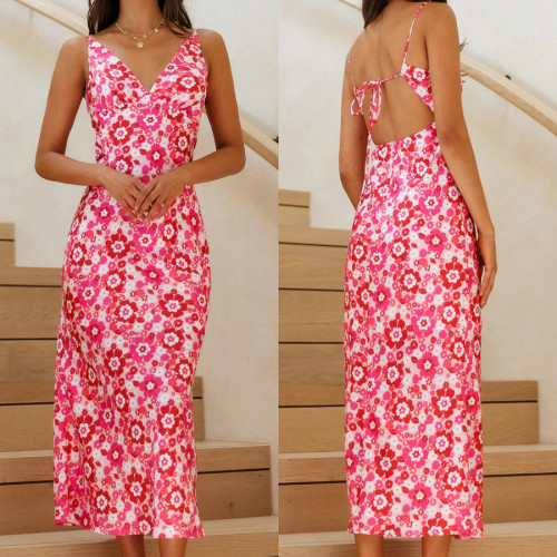 Sexy bustier strappy floral long halter dress women's dress