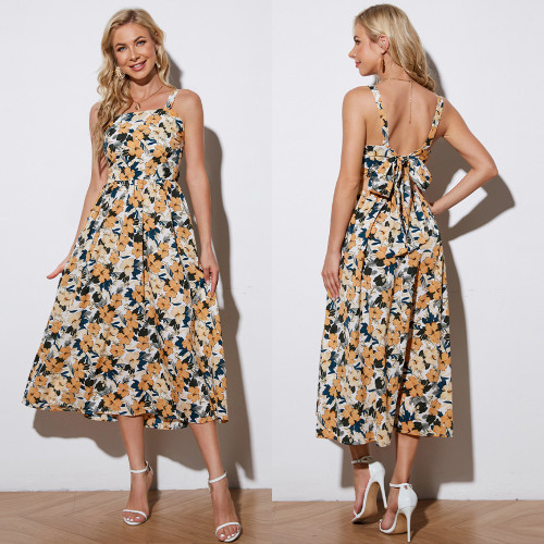 Sexy Sleeveless Printed French Floral Backless Halter Dress Women