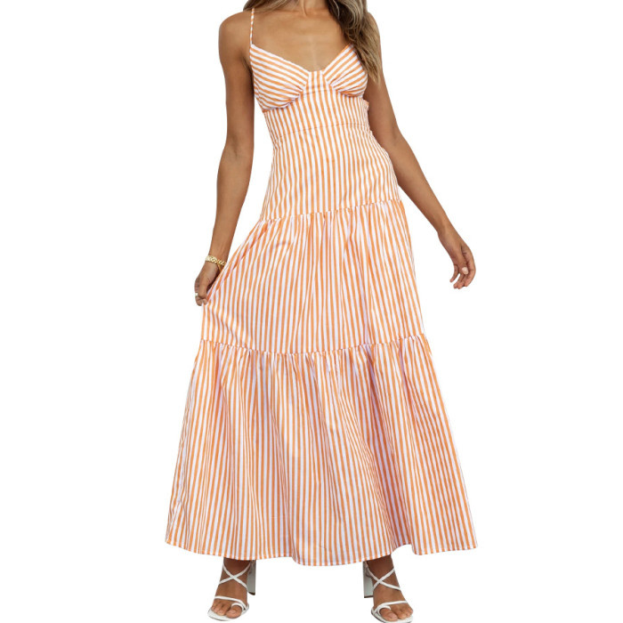Loose Fitted Striped Strappy Zip Halter Dress Women's Dress