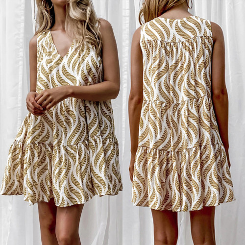 Casual sleeveless V-neck printed short dress vintage dress 