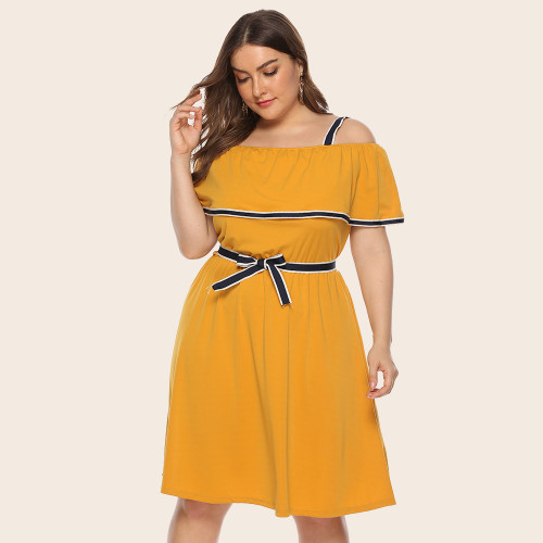 Summer new one shoulder solid colour waist thin fat short-sleeved camisole dress