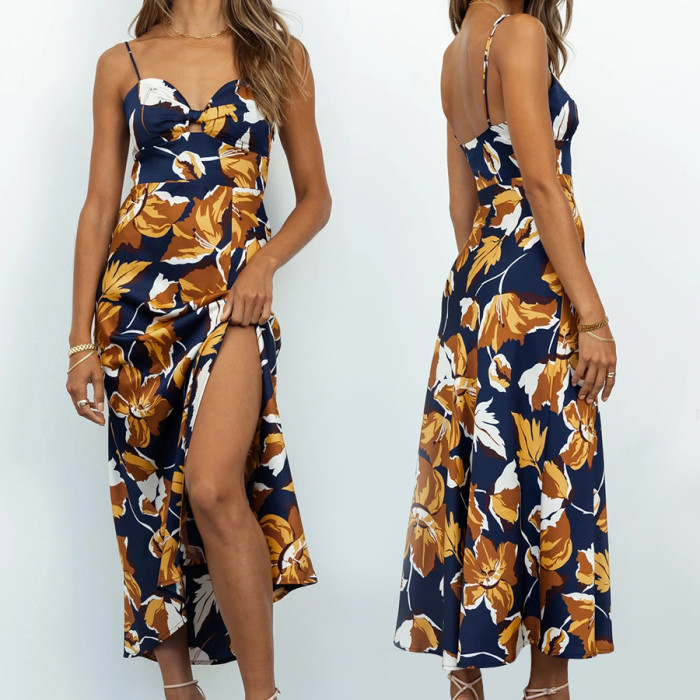 Fashion print slit backless slim fit halter dress