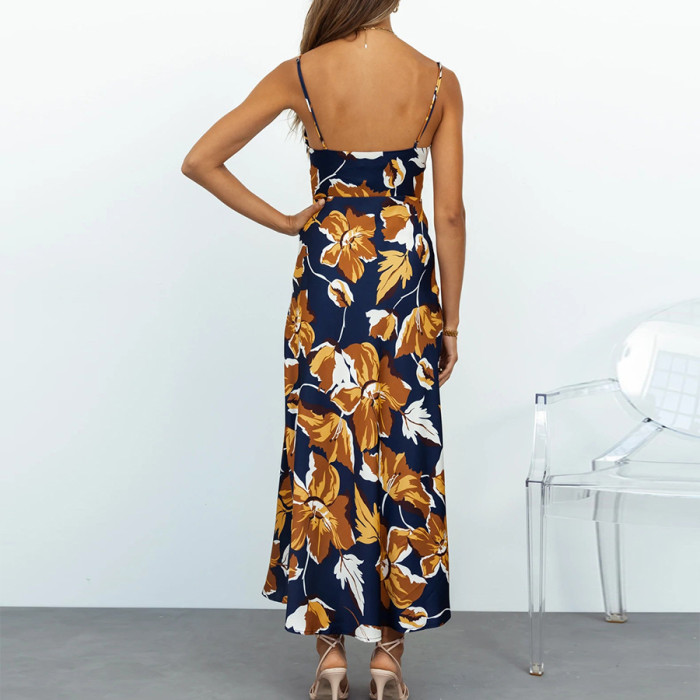 Fashion print slit backless slim fit halter dress