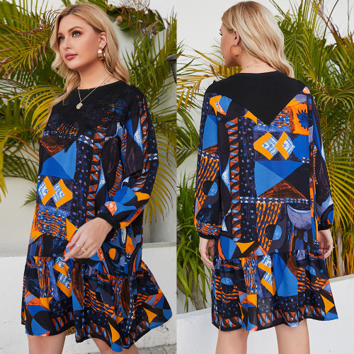 Autumn new lace stitching print mid-length loose dresses women
