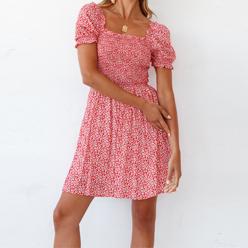 Halter type fashion short skirt print red mid-waist skinny dress