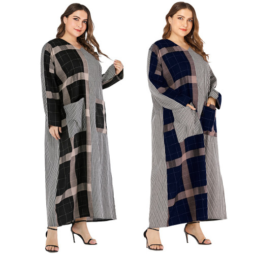 V-neck striped geometric patchwork long casual loose long sleeve dress