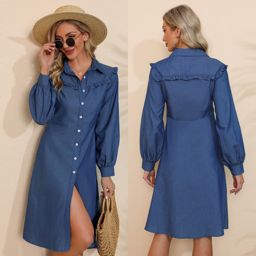 New women's long-sleeved dress with lapel collar and solid colour denim
