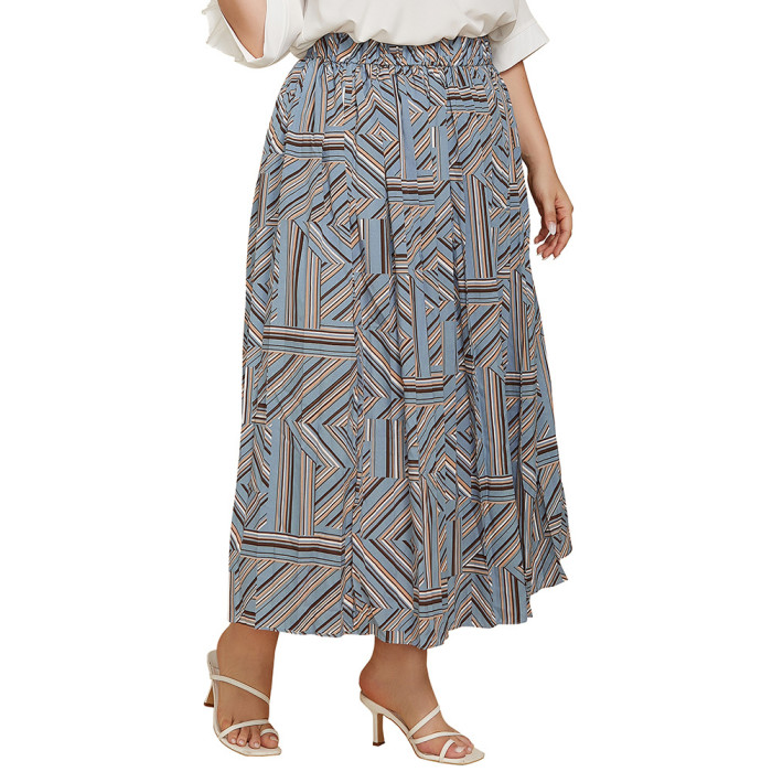 New Plus Size Women's Geometric Printed Pleated Half Skirt Loose Long Skirt