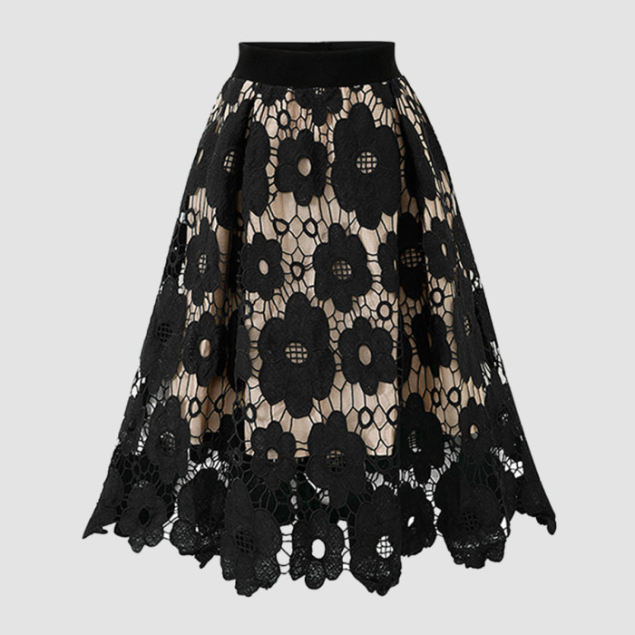 New lace hollow stitching temperament half-body skirt A-line skirt women