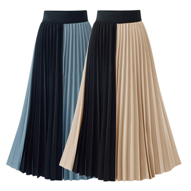 Colour blocking pleated skirt with pressed pleats and spliced slim fit half-body skirt