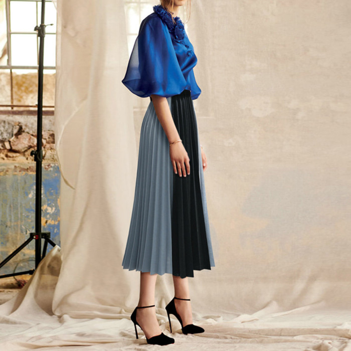 Colour blocking pleated skirt with pressed pleats and spliced slim fit half-body skirt