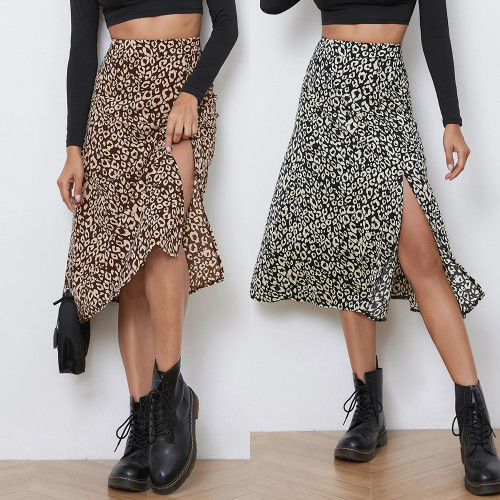 Casual print mid-length skirt sexy slit high waist half-body skirt women