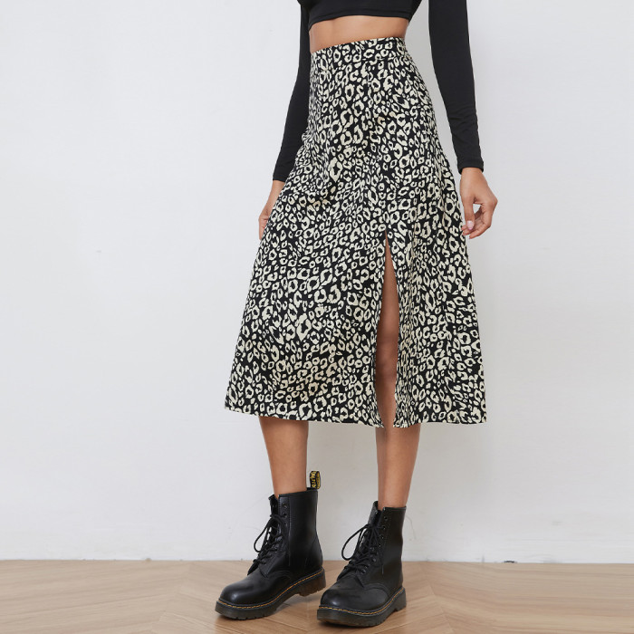 Casual print mid-length skirt sexy slit high waist half-body skirt women