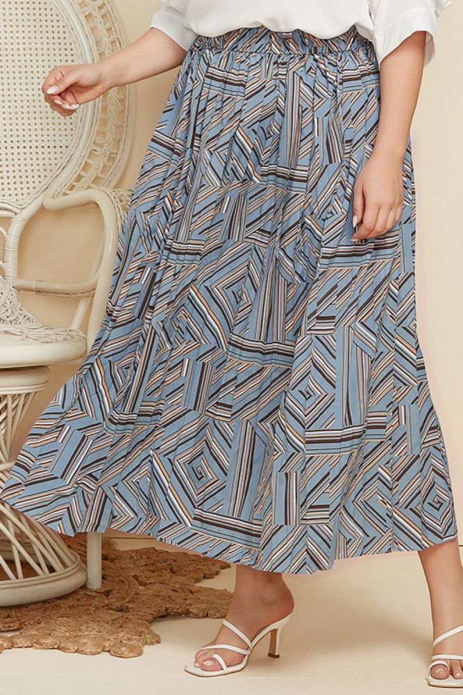 New Plus Size Women's Geometric Printed Pleated Half Skirt Loose Long Skirt