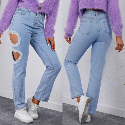 New love hole jeans high waist skinny straight trousers 