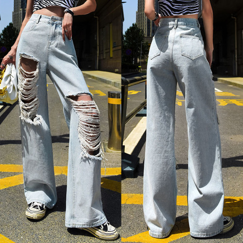 Large ripped jeans summer women loose skinny high waist straight wide leg trousers