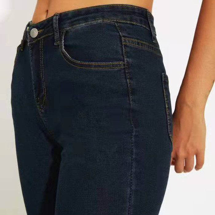 New High Waist Stretchy Micro Lace Vintage Jeans Pocket Straight 9/10 Pants 