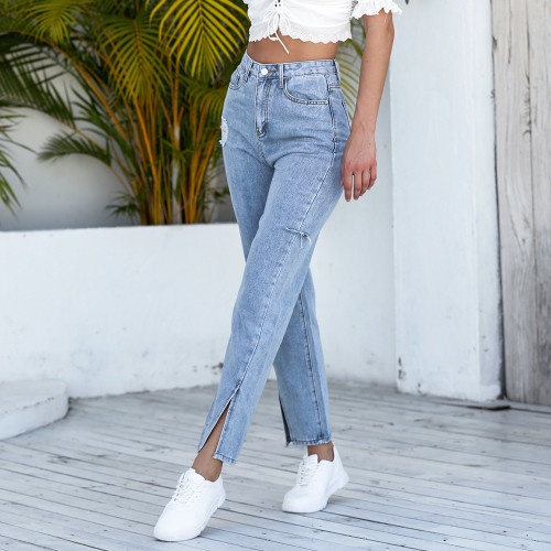 New open-front small straight jeans loose high waist skinny floor length trousers
