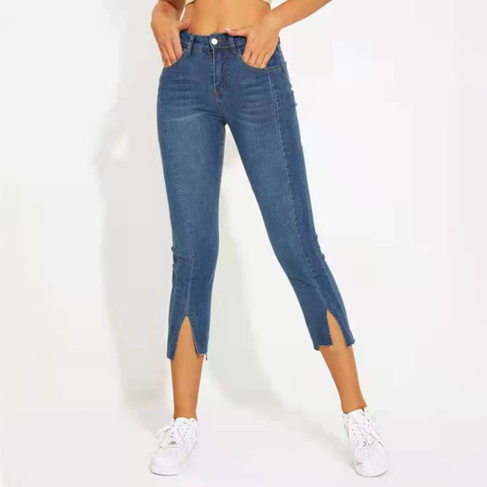High-waisted slim casual trousers with irregular nine-point micro flares