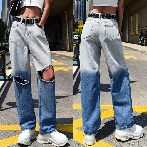 Ripped jeans women's skinny high waist gradient colour straight wide leg trousers