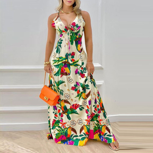 Halter Dress Printed Seaside Holiday Beach Dress Sleeveless Dress