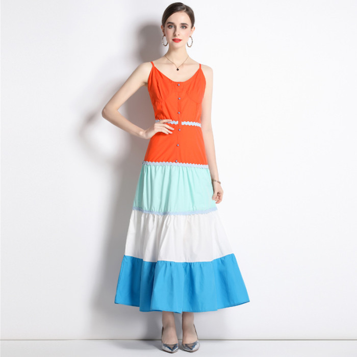 Personalized colour blocking halter dress with high waist and large hem A-line dress