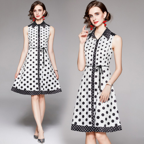 Elegant temperament lapel sleeveless positioned print A-line dress