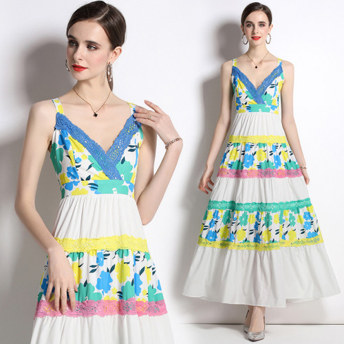 Sling Women's Elegant Fashion Printed Patchwork A-line Long Dress