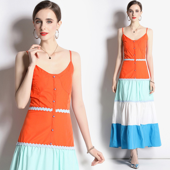 Personalized colour blocking halter dress with high waist and large hem A-line dress